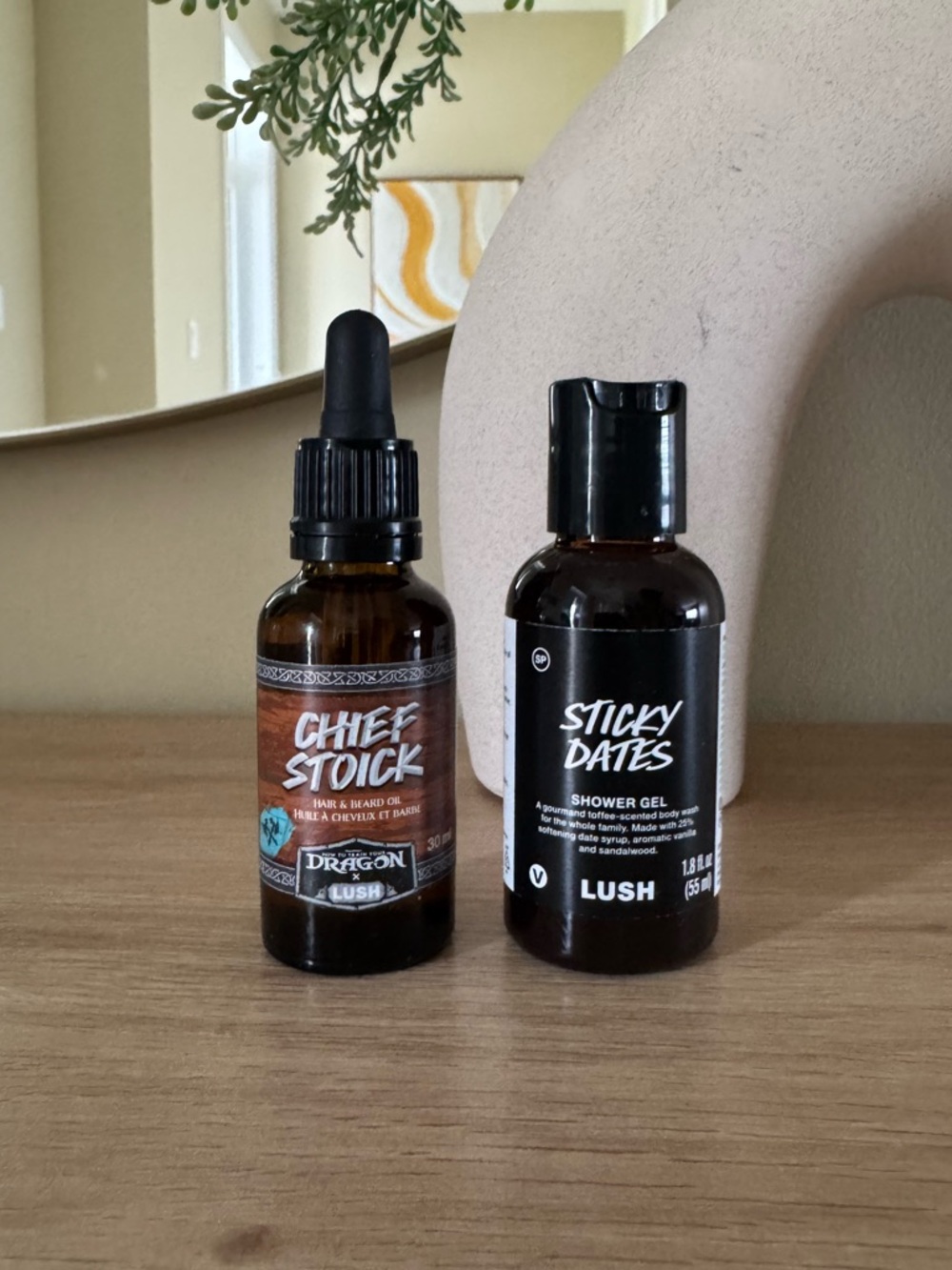 Lush Chief Stoick hair/beard oil & Sticky Dates shower gel